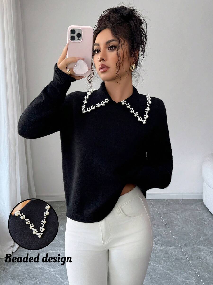 SHEIN PETITE Women's Black Autumn Elegant Office Long Sleeve Knit Sweater Top,Vintage Korean Style Collared Studded Beaded Design Versatile For Dates,Work,Parties - Black - View 1