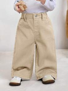 SHEIN Baby Girl Khaki Pocket Wide Leg Loose Casual Jeans - Khaki - View 4