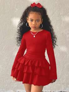 Coolane Kids Tween Giels 优雅纯色荷叶边黑色长袖连衣裙，秋冬女童连衣裙 - 紅色 - 查看 5