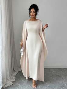 SHEIN Elenzya Vestido largo de color albaricoque elegante para mujer, de unicolor minimalista, para uso diario brillante - Albaricoque - Ver 3