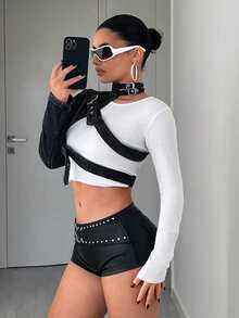 Jeanoix 女士时尚街头风纽扣细节超短牛仔外套，秋季款 - 黑色 - 查看 3