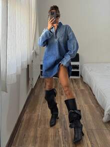 StreetHx Women's Casual Everyday Commute Fashion Street Chic Drop Shoulder Loose Patchwork Pocket Ombre Washed Loose Denim Dress, Spring/Autumn - Blue - View 1