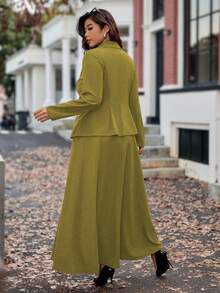 Vionelle 大码女式法式休闲长袖上衣和中长裙两件套，秋冬款 - 橄欖綠 - 查看 2
