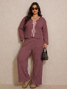 Elaquor Bộ đồ thường ngày 2 món áo cardigan dài tay kẻ sọc trễ vai buộc dây phía trước cho nữ cỡ lớn và quần ống rộng - Nhiều màu - Xem 5