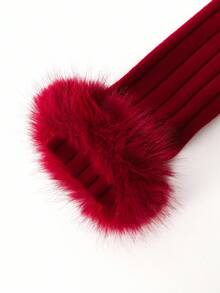 Elladie kids 少女纯色连衣裙，秋冬季，时尚设计，仿毛皮袖口，长袖，罗纹针织面料，立领，适合少女穿着，优雅温柔，百搭，适合日常穿着、活动、度假、摄影、节日、圣诞节、派对等场合。 - 酒紅色 - 查看 4