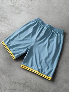 PAVTROS Quần short bóng rổ nam mùa hè, phong cách thường ngày, năng động, in chữ và số, viền sọc tương phản, cạp chun có dây rút. - Màu xanh nhạt - Xem 2