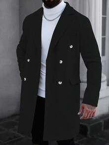 Manfinity Homme Men's Elegant Autumn Long Sleeve Overcoat,Black And Silver Button Front Solid Color Office Outerwear,European Style Fashion Clothes For Husband - Black - View 6