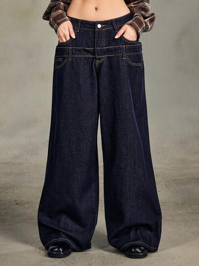 Grunge Punk Jeans de pierna ancha de unicolor casual con doble cintura para mujer