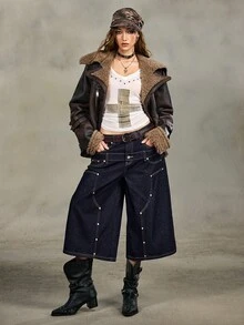 ROMWE EDITION Quần short jeans lửng dáng rộng, cạp đôi kiểu thợ rừng Mỹ cổ điển dành cho nữ, trang phục đường phố mùa hè. - Màu xanh lam - Xem 2