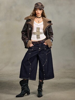 Grunge Punk Retro American Lumberjack Style Dual Waist Band Loose Fit Cropped Jeans Shorts For Women, Summer Street Wear