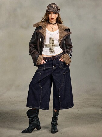 Grunge Punk Retro amerikanischer Holzfäller-Stil Doppel-Bundband Loose Fit Crop Jeans Shorts für Frauen, Sommer Streetwear