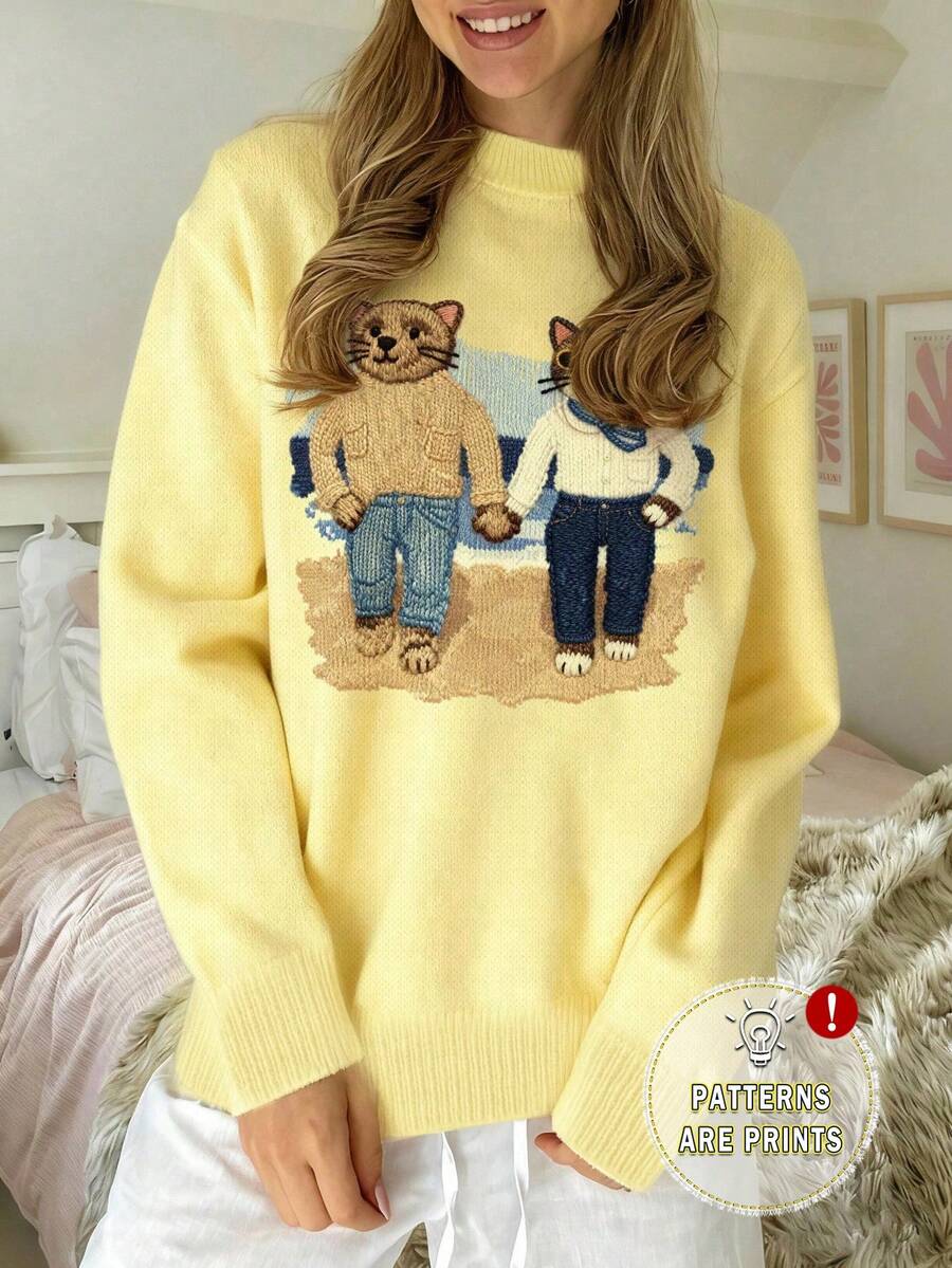 CovetEZ Women's Cream Yellow Teddy Bear Sweater, Cream Yellow Adds Elegant Charm! Super White! Christmas Cute Home Winter Clothes Suitable For Autumn And Winter Wear, Women's Autumn And Winter Series Comfortable Women's Autumn And Winter Clothing, 2025 Autumn And Winter Women's Clothing