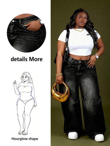 CurvyTilda Damskie jeansy Plus Size, luźne, z szerokimi nogawkami i kieszeniami na guziki