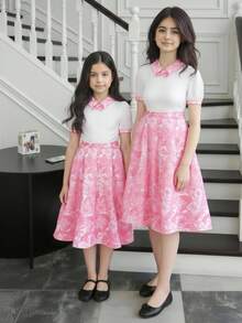 SHEIN Vestido de niña con parches florales dulces, atuendo para fiestas y reuniones de primavera/verano, elementos florales que presentan un ambiente alegre y adecuado para festivales y eventos familiares - Rosa - Ver 8