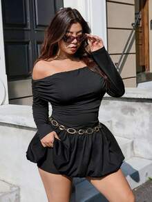 SHEIN EZwear 大码女式纯色褶饰露肩长袖时尚连衣裙 - 黑色 - 查看 5
