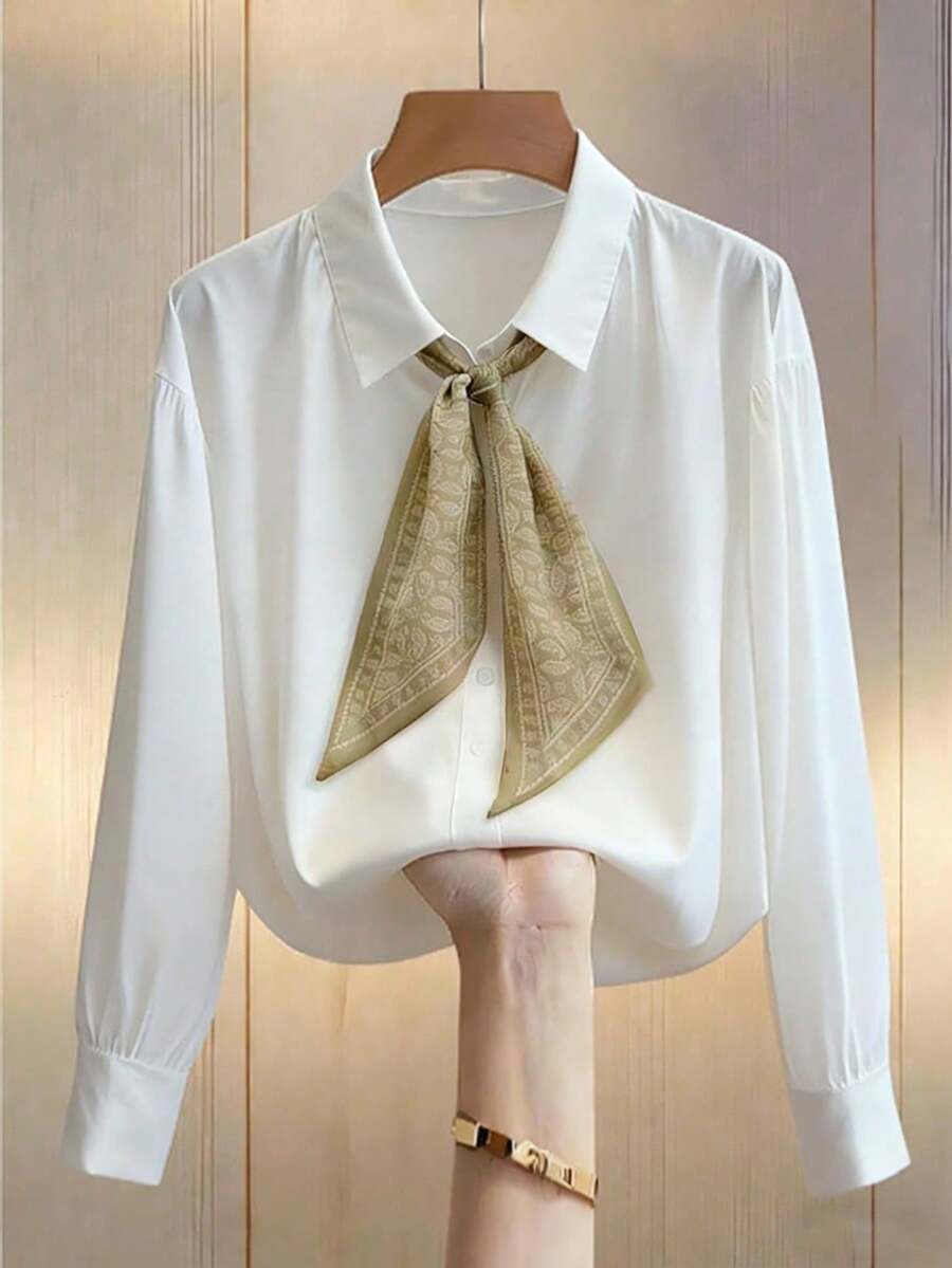 SHEIN Franclia 女士翻领衬衫，长袖，纽扣前襟，袖口装饰，领口饰有围巾，休闲宽松版型，时尚风格 - 白色 - 查看 1