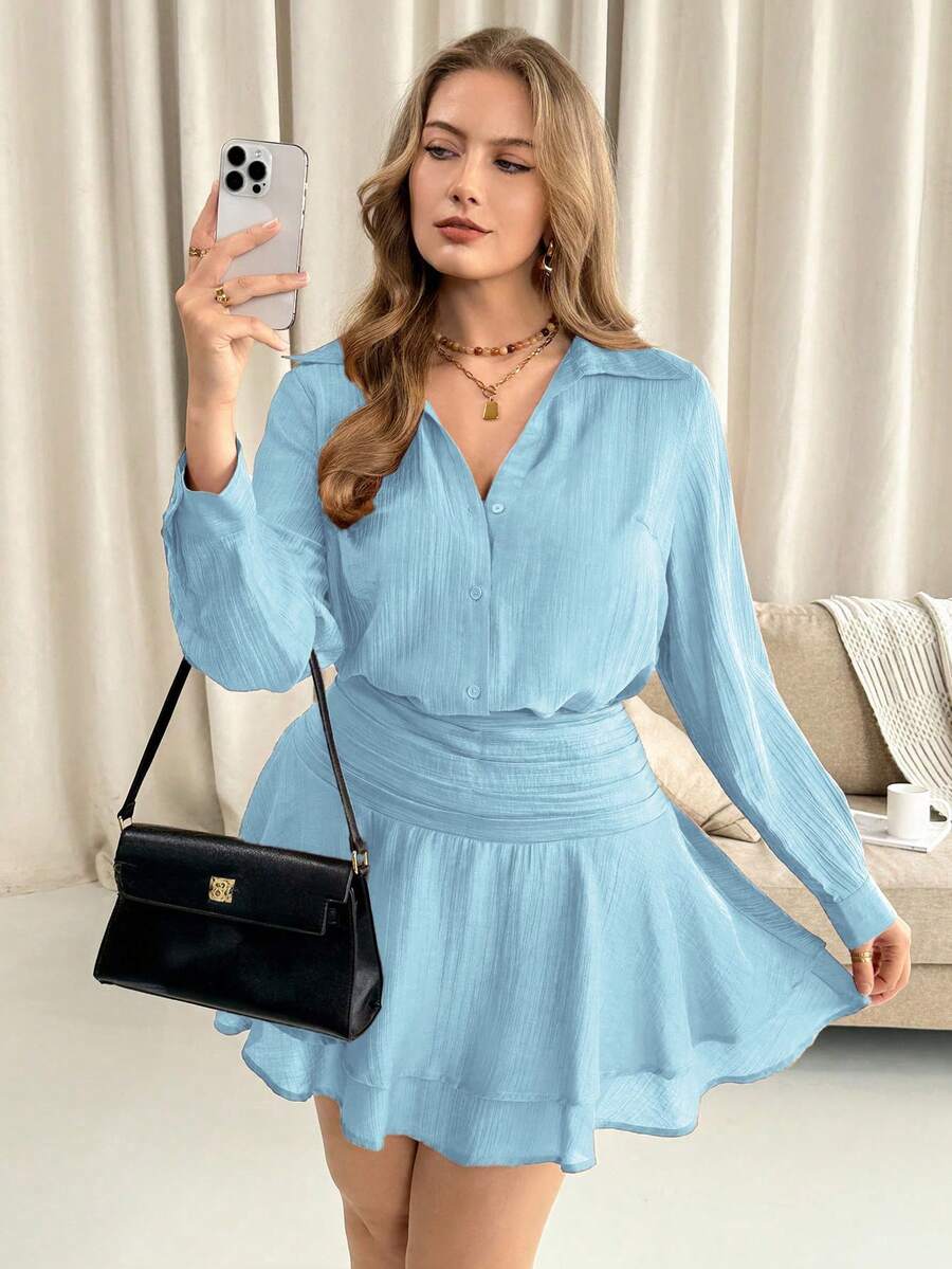 Vibekara Bộ đồ 2 mảnh kiểu Pháp cỡ lớn, màu trơn, gồm áo sơ mi và chân váy xếp ly, thích hợp cho mùa Thu/Đông. - Màu xanh lam - Xem 1