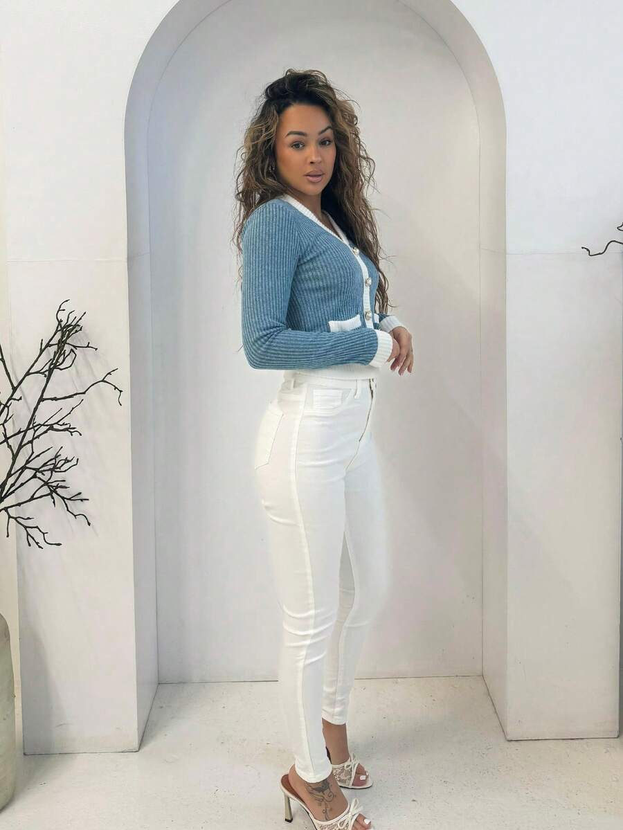 RebeccaVibe 女士休闲通勤简约百搭纯色紧身白色牛仔裤 - 白色 - 查看 1