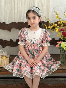 LMoss Kids 女童夏季碎花拼接刺绣网纱泡泡袖连衣裙 - 彩色 - 查看 4