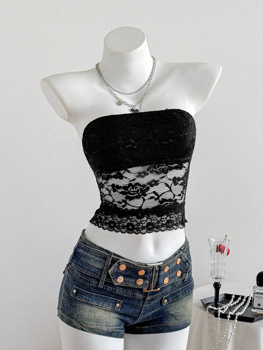 SHEIN EZwear Ladies Lace Tops - Black - View 1