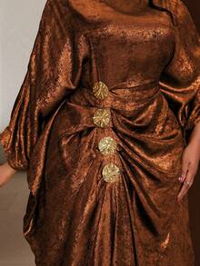 Maweii Plus Size Solid Color Round Neck Waist Gathered Vintage Elegant Dress - Coral Orange - View 6