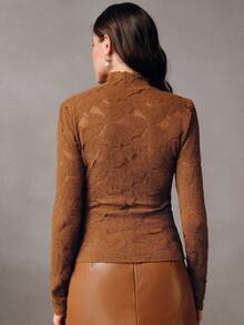 Anewsta Elegant Fashionable Sexy Versatile Fitted Sheer Textured Lace Long Sleeve Undershirt, Suitable For Fall, Winter, Spring, New Year, Party, Wedding - Brown - View 7