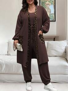 Vionelle Bộ đồ 2 mảnh kiểu Pháp thanh lịch, họa tiết da báo, phối nhiều mảnh, dành cho nữ cỡ lớn, thích hợp cho mùa Thu/Đông. - Màu nâu Sô-cô-la - Xem 7