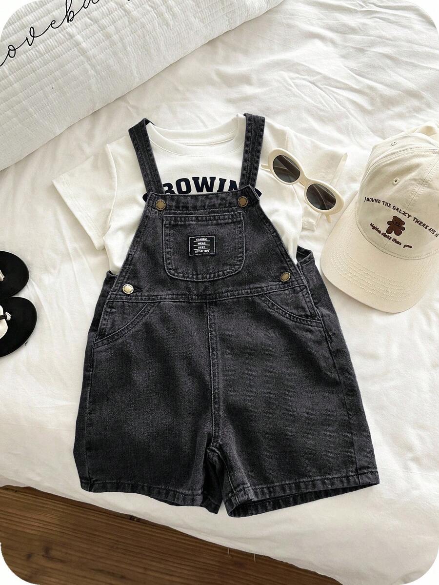 SHEIN 男童修身蓝色牛仔背带短裤 - 黑色 - 查看 1