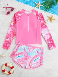 女童彩色大理石纹长袖泳衣套装，防护性强，休闲修身款