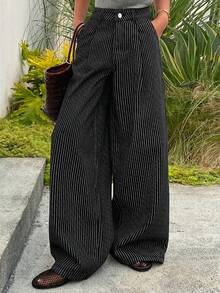 DAZY Women's Low Waist Striped Barrel Leg Jeans, Casual Street Style Washed Denim Pants - Black - View 3