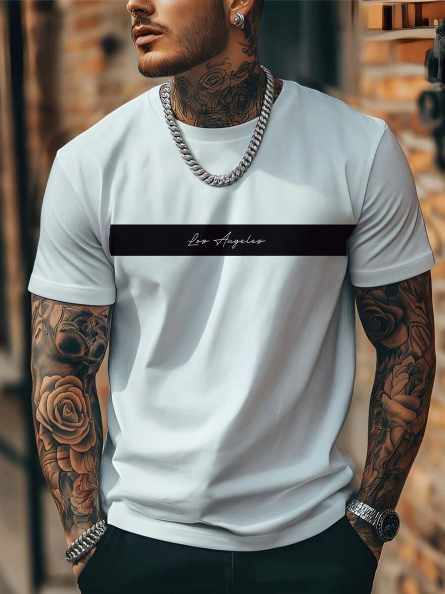 Nueva camiseta de manga corta para hombre, camiseta de cuello redondo de alta calidad, camiseta holgada, casual y versátil con estampado. Adecuada para usar en vacaciones, paseos, viajes, y como prenda interior diaria para el trabajo, los estudios, estudiantes, jóvenes y parejas. - Blanco - Ver 1