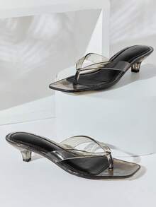 SHUZIA Women's Square Toe Casual Clear Kitten Heel Thong Sandals - Black - View 1