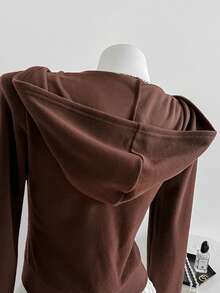 SHEIN LUNE 女士时尚休闲全拉链连帽卫衣，轻便带口袋 - 咖啡棕 - 查看 5