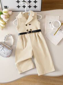 女婴优雅灰色无袖连体裤，带西装领，夏季款 - 杏色 - 查看 7