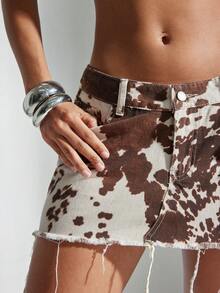 Denimoi 不对称下摆奶牛印花牛仔迷你裙 - 彩色 - 查看 3