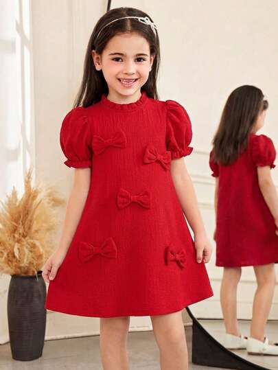 SHEIN 女童纯色立领泡泡袖休闲连衣裙