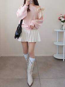 FRIFUL Women's Contrast Color Asymmetrical Shoulder Drop Shoulder Bow Loose Casual Versatile Sweater, Autumn/Fall - Pink - View 5