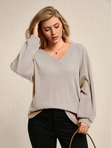 Juhart Maglietta larga da donna con scollo a V, spalle scoperte e fiocco decorativo, taglie comode - Grigio - Visualizzare 2