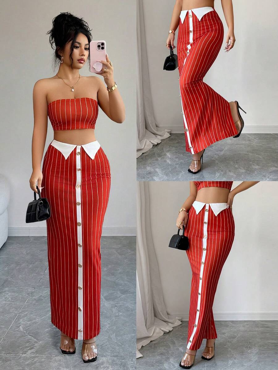 SHEIN Elenzya Vertical Striped Print Metal Single-Breasted Fitted Skirt, Elegant For Women's Party Outfit - Multicolor - View 1