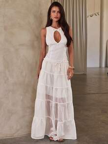 Aloruh Saia Longa Máxi Sólida Bege Nova Chegada Primavera/Verão, Tecido de Linho, Saia Guarda-Chuva Casual Elegante Estilo A-Line, Roupa de Resort Estilo Boêmio - Branco - Visão 3