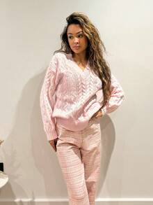 RebeccaVibe New Loose Soft Sweet Pink Slouchy Design V-Neck Thick Cable Knit Pullover Sweater For Women, Versatile For Autumn/Winter Fall Cloth For Women - Pink - View 6
