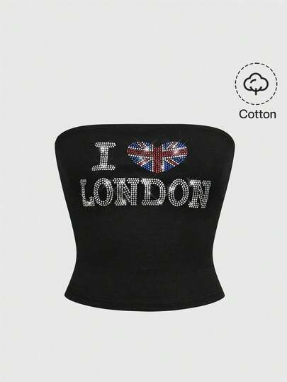 Grunge Punk Top corto con stampa della bandiera USA e decorazioni in strass, adatto per festival musicali