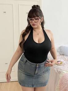 SHEIN EZwear Plus Size Solid Color Halter Neck Sleeveless Bodysuit - Black - View 4