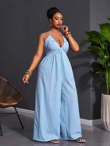 Slaydiva 2026 Plus Size Women's New Spring/Summer Halter Striped Wide Leg Pants, Suitable For Travel, Vacation, Spring Outing - Blue - View 6