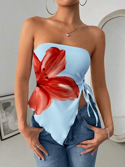 INAWLY Top bandeau con estampado floral y dobladillo asimétrico retorcido para mujer