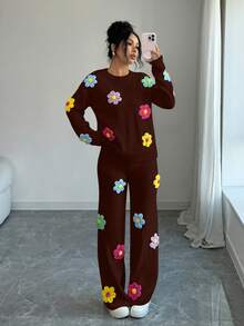 Selianne Women's Coffee Brown Round Neck Drop Shoulder 3D Floral Pullover Sweater Paired With 3D Floral Straight Leg Sweater Pants - Coffee Brown - View 3