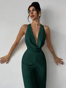 Firerie 优雅现代通勤浪漫约会性感派对海滩度假露背深V收腰白色阔腿裤，适合节日、情人节、婚礼季 - 墨綠色 - 查看 4