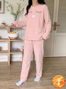 Tween Girl Plush Flannel Long Sleeve Pajama Set Pajama Pink Tween Girls Pajamas-Pajama Set Soft Fleece Heart Eyelash Embroidery Crew Neck Long Sleeve Top Pants Pink Warm Homewear Fall Winter Comfortable Sleepwear 2026 New Year Essential - Baby Pink - View 4