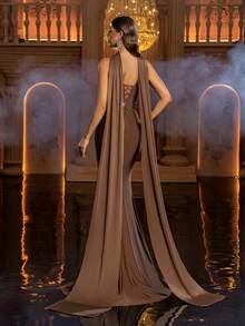Glamrae Petite Women's Elegant Rhinestone Detail Ruched Slit Fitted Evening Gown (Embellished Version) - Coffee Brown - View 3