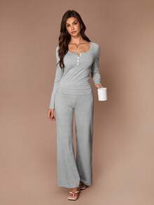 Lazeform Women's Casual Cozy Square Neck Fitted Top & Ribbed Waist Pants Loungewear Set - Grey - View 5